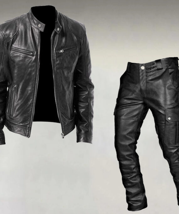 Men's Fashion Casual Stand Collar Zipper PU Leather Jacket & Pocket Pants 2Pcs Set