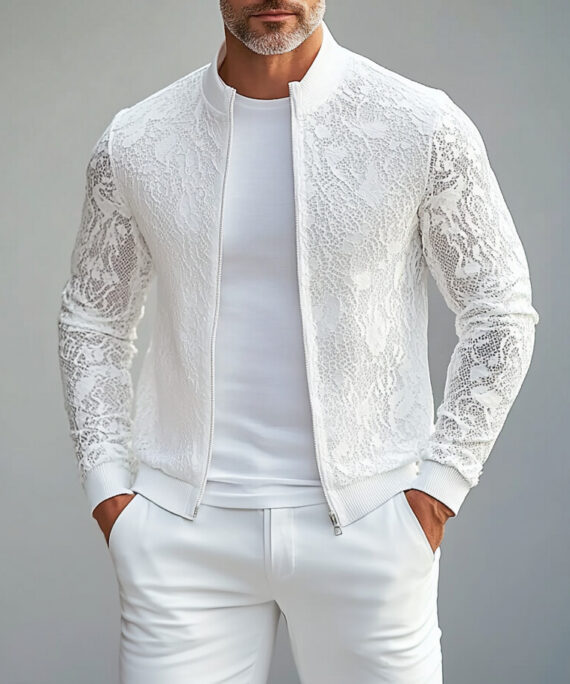 Men's Lace See-Through Stand Collar Zip Up Long Sleeve Jacket