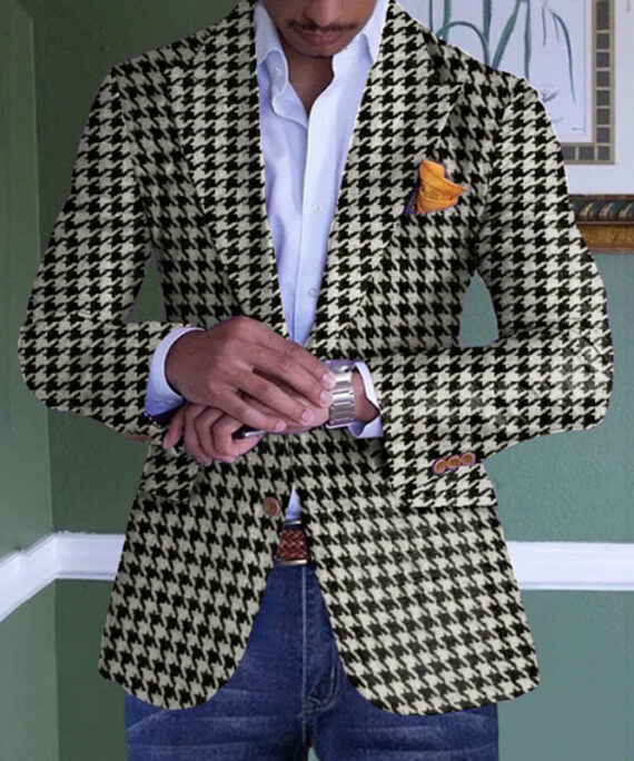 Business Lapel Collar Houndstooth Dots Pattern Long Sleeve Blazer