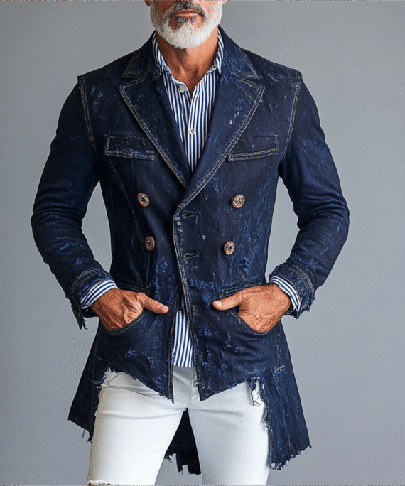 Men's Denim Lapel Collar Buttons Pockets Asymmetric Hem Jacket