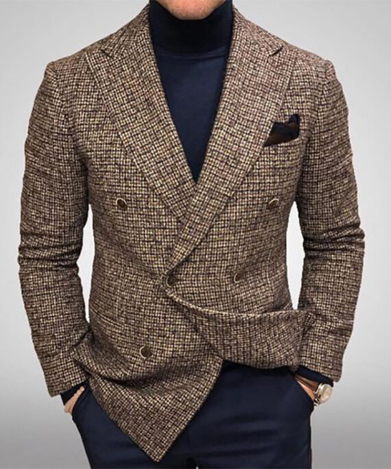 Business Plaid Notched Collar Button Pocket Long Sleeve Blazer