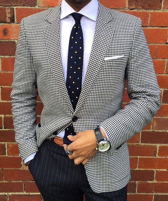 Men's Business Houndstooth Pattern Button Notch Lapel Blazer