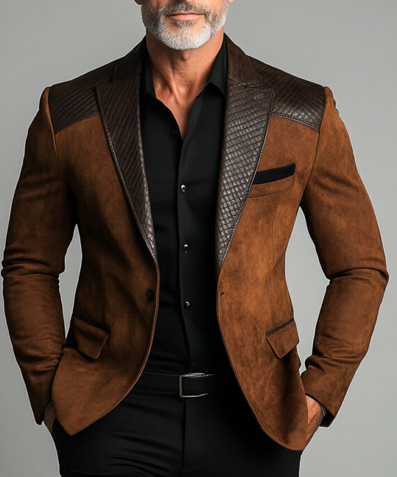 Men's Business Suede Splicing PU Leather Lapel Collar One Button Blazer