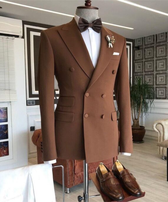 Men's Business Plain Double Breasted Peak Lapel Blazer