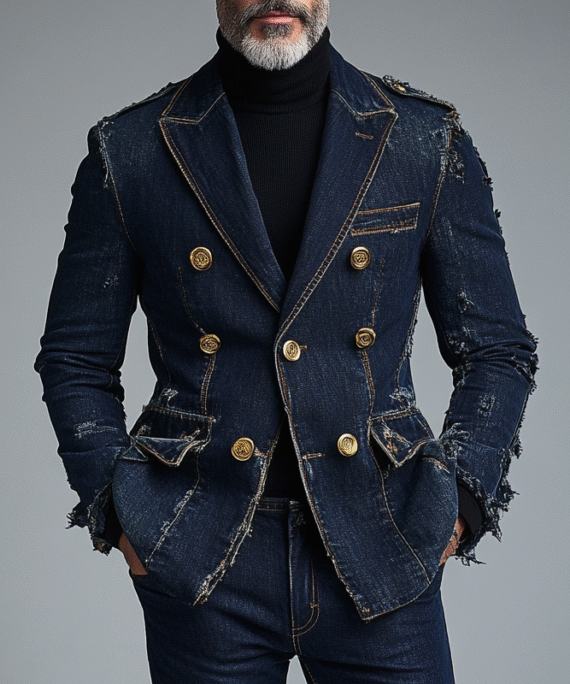 Men's Daily Denim Raw Edge Peaked Lapel Triple Breasted Blazer