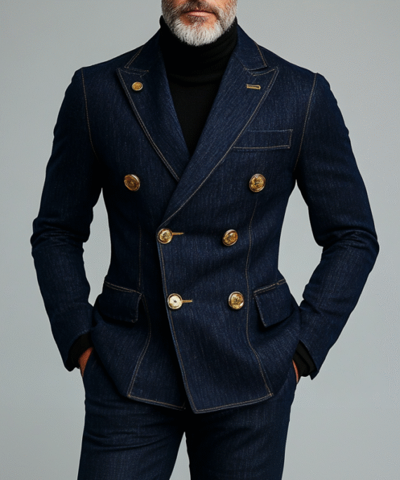 Men's Business Peak Lapel Double Breasted Flap Pocket Denim Blazer