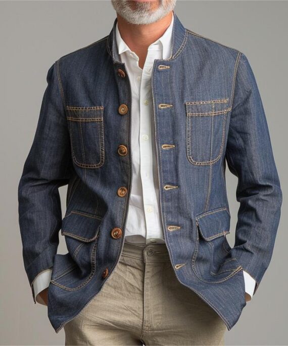 Men's Stand Collar Pockets Retro Denim Jacket